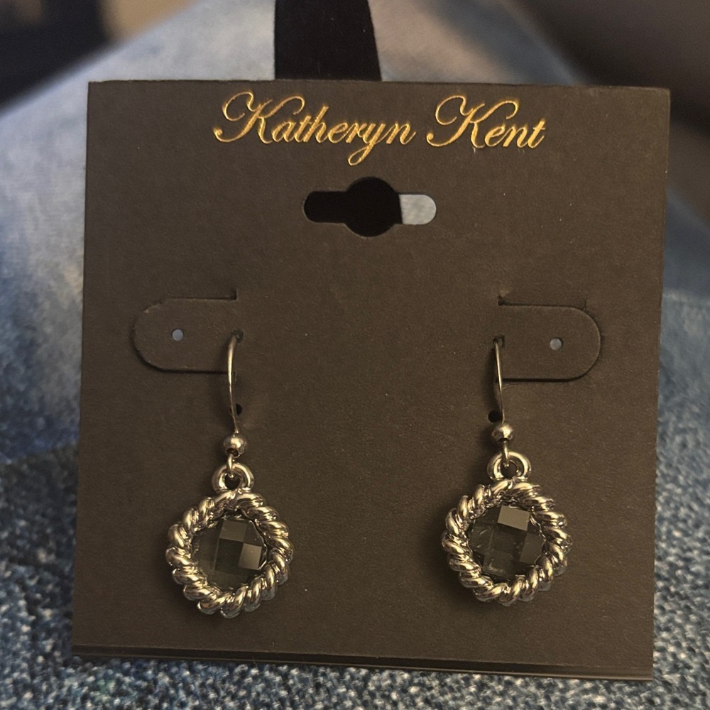 Black Faceted Drop Earrings in Silver-Tone